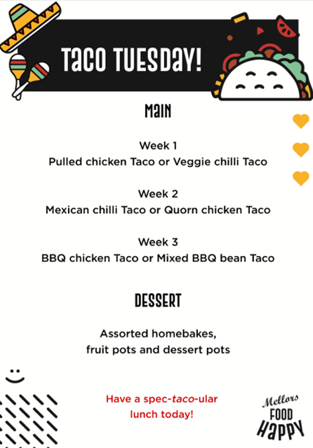 Taco Tuesday promotional poster advertising rotating weekly taco options, desserts, and themed school lunch service.
The menu options are listed as:
Week 1: Pulled chicken taco or veggie chilli taco
Week 2: Mexican chilli taco or Quorn chicken taco
Week 3: BBQ chicken taco or mixed BBQ bean taco
Further down the poster, a heading labelled "DESSERT" lists assorted home-baked items, fruit pots, and dessert pots.
